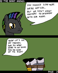 Size: 1600x2000 | Tagged: safe, artist:nopony, derpibooru import, zecora, oc, oc:dark star, pony, unicorn, zebra, comic:the night hooves, atg 2022, comic, female, hooves, legs, male, newbie artist training grounds, rope, speech bubble, stallion, tied, upside down