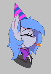 Size: 253x368 | Tagged: safe, artist:thebatfang, oc, oc only, oc:lucky roll, bat pony, pony, aggie.io, bow, bust, clothes, eyes closed, fangs, female, gray background, hat, lowres, mare, party favor (object), party hat, party horn, simple background, smiling