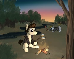 Size: 4096x3277 | Tagged: safe, artist:potes, oc, oc only, oc:ceejay, oc:sketchy scribbles, earth pony, pony, beard, campfire, clothes, creek, facial hair, fireworks, food, forest, jacket, lighter, male, marshmallow, mouth hold, signature, stallion
