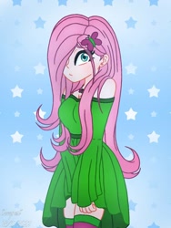 Size: 768x1024 | Tagged: safe, artist:bloodyneckdemon, derpibooru import, fluttershy, human, breasts, cleavage, clothes, dress, female, hair over one eye, hootershy, humanized, jewelry, necklace, solo, stars, stockings, thigh highs