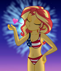 Size: 1024x1194 | Tagged: safe, artist:emeraldblast63, derpibooru import, sunset shimmer, equestria girls, 4th of july, american flag, bare shoulders, belly button, bikini, blowing a kiss, breasts, clothes, eyes closed, female, fireworks, holiday, legs together, sleeveless, sunset jiggler, swimsuit