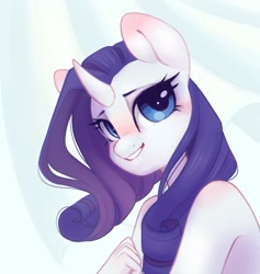 Size: 1002x1055 | Tagged: safe, artist:melodylibris, derpibooru import, rarity, anthro, unicorn, bare shoulder portrait, bare shoulders, blushing, bust, ear blush, female, grin, implied nudity, light blue background, looking at you, mare, portrait, simple background, smiling, smiling at you, solo