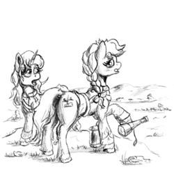 Size: 1000x1000 | Tagged: safe, artist:clarkeotterton, derpibooru import, oc, oc only, earth pony, pony, unicorn, fallout equestria, fanfic:dawn's candor, butt, plot, traditional art