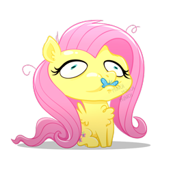 Size: 700x700 | Tagged: safe, artist:wispy tuft, derpibooru import, fluttershy, butterfly, pegasus, pony, chest fluff, cross-eyed, eating, head empty, headphone dent, horses doing horse things, messy mane, simple background, solo, transparent background