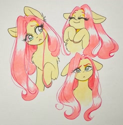 Size: 2014x2048 | Tagged: safe, artist:cherubisous, derpibooru import, fluttershy, pegasus, pony, :<, bust, chest fluff, confused, cute, ear fluff, ears, female, floppy ears, looking at you, mare, shyabetes, smiling, solo, traditional art