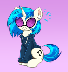 Size: 2204x2368 | Tagged: safe, artist:confetticakez, derpibooru import, dj pon-3, vinyl scratch, pony, unicorn, airpods, clothes, cute, female, gradient background, happy, hoodie, looking at you, mare, music notes, purple background, simple background, sitting, smiling, solo, sunglasses, vinyl's glasses, vinylbetes