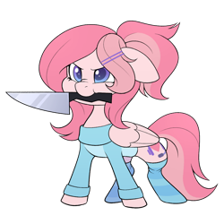 Size: 894x894 | Tagged: safe, artist:scarlet-spectrum, derpibooru import, oc, oc:savybit, pegasus, pony, angry, clothes, commission, knife, mouth hold, nose wrinkle, simple background, socks, solo, sweater, transparent background, ych result