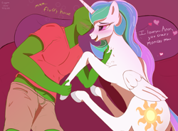 Size: 2505x1843 | Tagged: safe, artist:enonnnymous, derpibooru import, princess celestia, oc, oc:anon, human, pony, /sun/, blushing, chest fluff, clothes, drunk, heart, heart eyes, holding hooves, human on pony snuggling, i love you, looking at each other, looking at someone, snuggling, wingding eyes