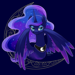 Size: 4000x4000 | Tagged: safe, artist:homeofphoenix, artist:wutongtree, derpibooru import, princess luna, alicorn, pony, blue background, ethereal hair, ethereal mane, eyeshadow, female, illustration, lidded eyes, looking at you, makeup, mare, peytral, simple background, solo, starry hair, starry mane