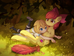 Size: 1920x1448 | Tagged: safe, artist:emeraldgalaxy, derpibooru import, apple bloom, oc, oc:fears, earth pony, human, pony, blushing, butt, clothes, dock, dress, female, filly, foal, hug, lying down, plot, smiling, tail