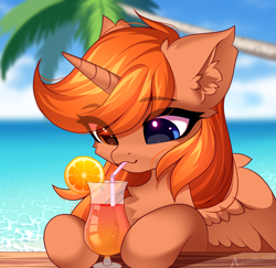 Size: 2342x2272 | Tagged: safe, artist:airiniblock, derpibooru import, oc, oc only, alicorn, pony, unicorn, alcohol, alicorn oc, chest fluff, cocktail, commission, drink, ear fluff, ears, eye clipping through hair, female, food, heterochromia, horn, icon, ocean, orange, palm tree, solo, tree, water, wings, ych result