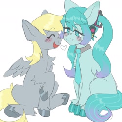 Size: 1800x1800 | Tagged: safe, artist:exxi00, derpibooru import, derpy hooves, earth pony, pegasus, pony, anime, duo, female, hatsune miku, headphones, lesbian, necktie, ponified, shipping, simple background, unshorn fetlocks, vocaloid, white background