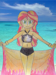 Size: 1280x1707 | Tagged: safe, artist:spongebronyph, derpibooru import, sunset shimmer, equestria girls, beach, beach shorts swimsuit, belly button, clothes, deviantart watermark, obtrusive watermark, sarong, sunset shimmer swimsuit, sunset shimmer's beach shorts swimsuit, swimsuit, traditional art, watermark