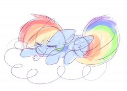 Size: 2278x1639 | Tagged: safe, artist:lbrcloud, derpibooru import, rainbow dash, pegasus, pony, cloud, eyes closed, lying down, on a cloud, prone, simple background, solo, tongue, tongue out, white background