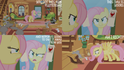 Size: 1280x720 | Tagged: safe, derpibooru import, edit, edited screencap, editor:quoterific, screencap, fluttershy, ferret, mouse, pegasus, pony, rabbit, skunk, squirrel, putting your hoof down, season 2, animal, eyes closed, female, fluttershy's cottage, grin, mare, mirror, open mouth, scared, smiling, spread wings, text, wings