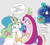 Size: 2979x2706 | Tagged: safe, artist:icey, derpibooru import, princess cadance, princess celestia, princess luna, queen chrysalis, alicorn, pony, cake, cakelestia, clipboard, dialogue, disguise, disguised changeling, fake cadance, female, food, glasses, gray background, mare, pure unfiltered evil, simple background, speech bubble, sweat, sweatdrop, tongue, tongue out, trio, wavy mouth