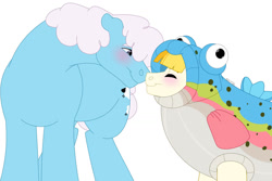 Size: 1280x854 | Tagged: safe, artist:itstechtock, derpibooru import, cottonflock, pony, rainbow roadtrip, gay, male, nuzzling, rainbow trout (character), simple background, white background