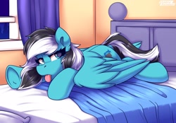 Size: 2150x1500 | Tagged: safe, artist:shadowreindeer, derpibooru import, oc, oc:euro, pegasus, pony, :p, bed, bedsheets, commission, ear fluff, ears, looking at you, lying down, partially open wings, pegasus oc, prone, solo, tired, tongue, tongue out, underhoof, wings