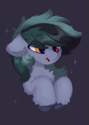 Size: 429x601 | Tagged: safe, artist:flixanoa, derpibooru import, oc, oc only, oc:scrimmy, bat pony, pony, bat pony oc, chest fluff, cute, ear fluff, ears, fangs, fluffy, front view, gift art, gray background, half body, heterochromia, male, open mouth, pony oc, simple background, smiling, solo, sparkles, upper body