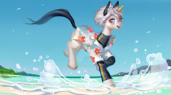 Size: 1280x712 | Tagged: safe, artist:tinydd7, derpibooru import, oc, pony, unicorn, beach, clothes, female, mare, shirt, solo