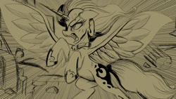 Size: 1600x900 | Tagged: safe, artist:darksly, derpibooru import, nightmare moon, alicorn, pony, angry, atg 2022, female, mare, monochrome, newbie artist training grounds, open mouth, rage, sketch, solo, spread wings, wings