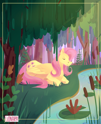 Size: 3278x4000 | Tagged: safe, artist:lionaraarts, derpibooru import, fluttershy, pony, lying down, prone, reeds, solo, tree