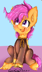 Size: 1776x2991 | Tagged: safe, artist:freefraq, derpibooru import, scootaloo, goo, goo pony, original species, blushing, cute, goo ponified, open mouth, open smile, sitting, smiling, solo, species swap
