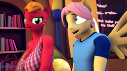 Size: 1920x1080 | Tagged: safe, artist:senthaurekmern, derpibooru import, part of a set, big macintosh, butterscotch, fluttershy, macareina, anthro, earth pony, pegasus, comic:butterscotch's first time, 3d, big breasts, book, bookshelf, breasts, busty macareina, butterreina, cleavage, clothes, commission, dialogue, eye contact, female, fluttermac, fluttershy's cottage, fluttershy's cottage (interior), lidded eyes, looking at each other, looking at someone, male, nervous, open mouth, pillow, rule 63, shipping, shirt, sitting, smiling, sofa, source filmmaker, spread wings, straight, t-shirt, window, wingboner, wings