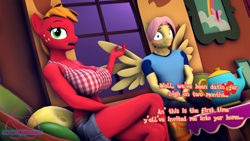 Size: 1920x1080 | Tagged: safe, artist:senthaurekmern, derpibooru import, part of a set, big macintosh, butterscotch, fluttershy, macareina, anthro, earth pony, pegasus, comic:butterscotch's first time, 3d, abs, belly, belly button, big breasts, blushing, breasts, busty macareina, butterreina, cleavage, clothes, denim, denim shorts, dialogue, female, fluttermac, fluttershy's cottage, fluttershy's cottage (interior), looking at someone, looking away, looking up, male, midriff, open mouth, open smile, pants, pillow, rule 63, shipping, shirt, shoes, shorts, shrunken pupils, sitting, smiling, sofa, source filmmaker, spread wings, straight, t-shirt, teapot, thighs, window, wingboner, wings