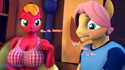 Size: 1920x1080 | Tagged: safe, artist:senthaurekmern, derpibooru import, part of a set, big macintosh, butterscotch, fluttershy, macareina, anthro, earth pony, pegasus, comic:butterscotch's first time, 3d, abs, big breasts, blushing, book, bookshelf, breasts, busty macareina, butterreina, cleavage, clothes, dialogue, female, fluttermac, fluttershy's cottage, fluttershy's cottage (interior), food, looking at each other, looking at someone, looking down, male, midriff, nervous, pillow, rule 63, shipping, shirt, sitting, sofa, source filmmaker, straight, t-shirt, window