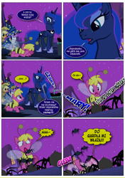 Size: 868x1230 | Tagged: safe, artist:dziadek1990, derpibooru import, edit, edited screencap, screencap, cherry berry, princess luna, spider, luna eclipsed, comic, conversation, dialogue, magic, nightmare night, polish, reference, screencap comic, terrified, text, translation request