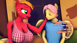 Size: 1920x1080 | Tagged: safe, artist:senthaurekmern, derpibooru import, part of a set, big macintosh, butterscotch, fluttershy, macareina, anthro, earth pony, pegasus, comic:butterscotch's first time, 3d, big breasts, breasts, busty macareina, butterreina, cleavage, clothes, dialogue, eyes closed, female, fluttermac, fluttershy's cottage, fluttershy's cottage (interior), hand on face, lidded eyes, looking at each other, looking at someone, male, open mouth, open smile, pillow, rule 63, shipping, shirt, sitting, smiling, sofa, source filmmaker, straight, t-shirt, window