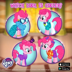 Size: 1080x1080 | Tagged: safe, derpibooru import, pinkie pie, earth pony, pony, viva las pegasus, clothes, dress, gameloft, leotard, multeity, my little pony logo, official, pinkie vercetti