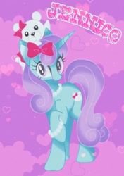 Size: 1080x1532 | Tagged: safe, artist:stacy_165cut, derpibooru import, oc, oc only, oc:jenni love, pony, unicorn, bow, bracelet, female, hair bow, heart, heart background, horn, jewelry, looking at you, mare, necklace, plushie, purple background, raised hoof, raised leg, simple background, solo, teddy bear