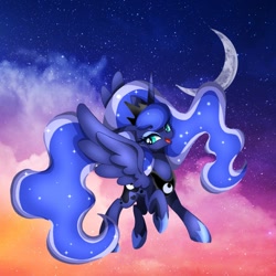 Size: 1080x1080 | Tagged: safe, artist:stacy_165cut, derpibooru import, princess luna, alicorn, pony, crescent moon, female, horn, jewelry, mare, moon, night, night sky, open mouth, regalia, sky, solo, spread wings, wings