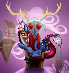 Size: 2946x3112 | Tagged: safe, artist:kruszyna25, derpibooru import, discord, oc, oc:digital wrench, unicorn, chaos, commission, discorded landscape, floating island, looking at you, smiling, surprised, throne, ych result