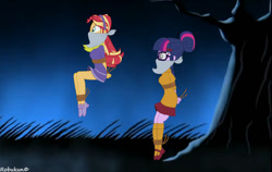 Size: 1123x711 | Tagged: safe, artist:robukun, derpibooru import, sci-twi, sunset shimmer, twilight sparkle, equestria girls, bondage, bound and gagged, cloth gag, clothes, clothes swap, crossover, daphne blake, gag, hopping, rope, rope bondage, scooby doo, shoes, socks, tied up, velma dinkley