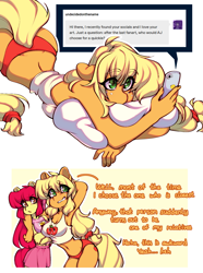 Size: 1476x1980 | Tagged: safe, artist:tolsticot, derpibooru import, apple bloom, applejack, anthro, earth pony, applebutt, ass, butt, cellphone, clothes, female, implied bloomjack, implied incest, panties, phone, pouting, siblings, sisters, smartphone, text, underwear