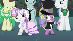 Size: 1280x720 | Tagged: safe, derpibooru import, screencap, bruce mane, cloud kicker, fine line, maxie, orion, shooting star (character), spike, sweetie belle, dragon, pony, unicorn, a canterlot wedding, season 2, cute, dancing, diasweetes, female, filly, foal, happy, male, shipping fuel, stallion