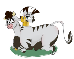 Size: 749x594 | Tagged: safe, derpibooru import, daisy jo, zecora, chimera, cow, hybrid, original species, zebra, beast, big body, body, conjoined, duo, duo female, fat, female, fusion, grass, grass field, jocora, multiple heads, request, requested art, simple background, transparent background, two heads, two heads are better than one, zebrow