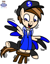 Size: 1047x1336 | Tagged: safe, artist:mrstheartist, edit, edited screencap, screencap, oc, oc only, oc:seb the pony, pegasus, pony, clothes, colored wingtips, cute, hoodie, male, shaking, snapback, stallion, stool, topwear, unzipped, wings