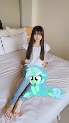 Size: 768x1365 | Tagged: safe, artist:cyanlightning, edit, lyra heartstrings, human, bed, feet, girl, irl human, lying down, ponies in real life