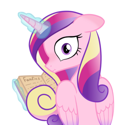 Size: 2000x2000 | Tagged: safe, artist:candy meow, derpibooru import, princess cadance, alicorn, pony, atg 2022, blushing, book, fanfic, female, high res, mare, newbie artist training grounds, scared, simple background, solo, white background, with great power comes great shipping