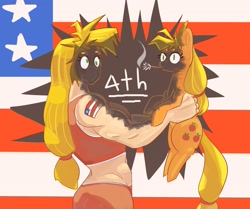 Size: 2587x2160 | Tagged: safe, artist:applephil, derpibooru import, applejack, earth pony, human, pony, 4th of july, american flag, applejacked, duo, female, fireworks, hatless, high res, holding a pony, holiday, human ponidox, humanized, mare, missing accessory, mouth hold, muscles, muscular female, self paradox, self ponidox, silly, silly pony, singed, smoke, sparkler (firework), tattoo