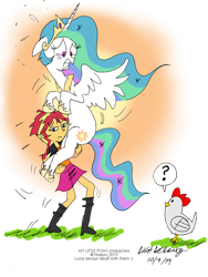 Size: 900x1200 | Tagged: safe, artist:newportmuse, derpibooru import, princess celestia, sunset shimmer, alicorn, bird, chicken, pony, between dark and dawn, equestria girls, season 9, spoiler:s09, alektorophobia, cute, holding, png, scared, scaredlestia, simple background, spread wings, sunset shimmer is not amused, that princess sure is afraid of chickens, transparent background, unamused, wings