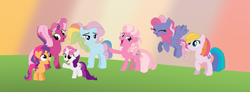 Size: 2053x758 | Tagged: safe, artist:lillianlover2007, artist:selenaede, derpibooru import, cheerilee (g3), pinkie pie (g3), rainbow dash (g3), scootaloo (g3), starsong, sweetie belle (g3), toola roola, earth pony, pegasus, pony, unicorn, g3, g3.5, g4, base used, core seven, eyes closed, g3 to g4, generation leap, looking at you, open mouth, pigtails, ponytail, raised hoof, raised leg