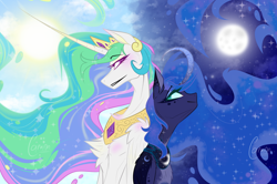 Size: 1280x850 | Tagged: safe, artist:carrion1750, derpibooru import, princess celestia, princess luna, alicorn, pony, back to back, blushing, chest fluff, curved horn, day, duo, female, freckles, horn, jewelry, looking at each other, looking at someone, moon, night, regalia, smiling, sun