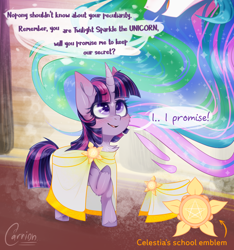 Size: 1280x1370 | Tagged: safe, artist:carrion1750, derpibooru import, princess celestia, twilight sparkle, twilight sparkle (alicorn), alicorn, pony, alternate universe, blushing, cape, clothes, curved horn, disguise, duo, female, filly, foal, grammar error, hallway, horn, open mouth, raised hoof, raised leg, smiling, speech, speech bubble, talking