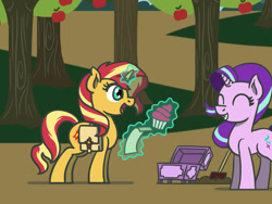 Size: 1800x1350 | Tagged: safe, artist:flutterluv, derpibooru import, part of a series, part of a set, starlight glimmer, sunset shimmer, pony, unicorn, atg 2022, cupcake, duo, food, newbie artist training grounds, shovel, treasure chest