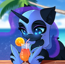 Size: 2342x2272 | Tagged: safe, artist:airiniblock, derpibooru import, nightmare moon, alicorn, pony, alcohol, chest fluff, cocktail, commission, cute, drink, drinking straw, ear fluff, ears, ethereal mane, eye clipping through hair, eyebrows, female, food, high res, horn, icon, mare, moonabetes, nicemare moon, ocean, orange, palm tree, signature, smiling, solo, starry mane, tree, water, wings, ych result